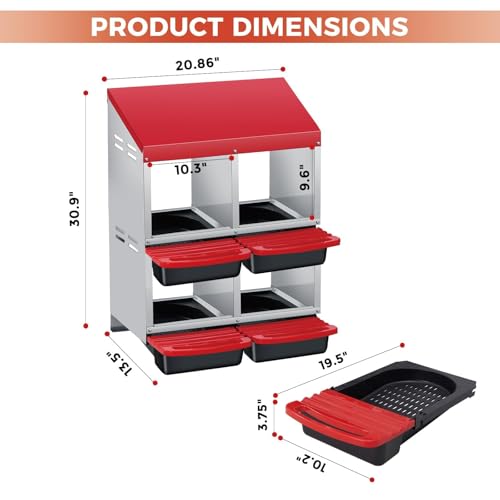 4 Hole Chicken Nesting Boxes, Weatherproof Galvanized Steel Chicken Egg Laying Box with Automatic Rollout Egg Collection, 2-in-1 Handle Perch, Easy Clean & Quick Assemble for Chicken Coop - color: Red, size: 4 holes 2 layers