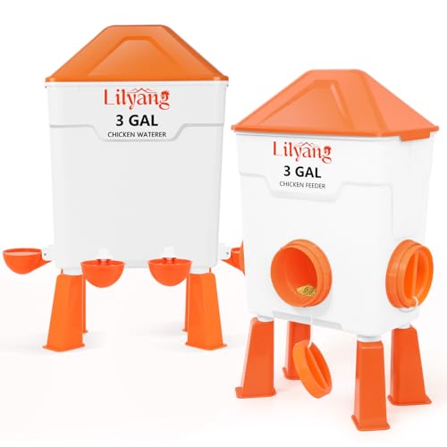 Lilyang Chicken Feeder and Waterer Set 3 Gallon, End Coop Mess | Anti-Spill Ports (3.5") & Stay-Clean Cups (2.75"), Automatic No-Waste Poultry Feeder, No-Tools Assembly - color: Tangerine