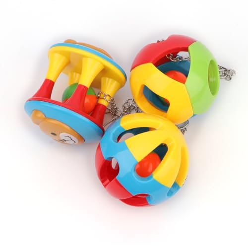 Hypeety Parrot Colorful Ball Toys with Bell Cage Hanging Chewing Ball Toy | With jingle bell inside, durable, chewproof plastic, easy-hanging, for parakeet/conure/cockatiel/small medium birds, 3 balls - color: A+B+C
