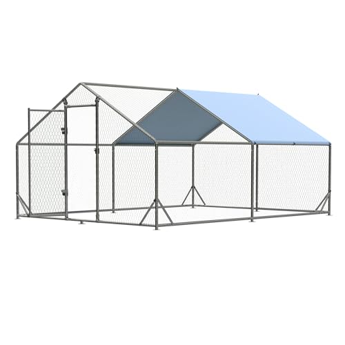 EUNHOO Large Metal Chicken Coop, 13x9.8x6.4ft Walk-in Poultry Enclosure with Peaked Roof and Waterproof Cover, Spacious Outdoor Chicken Run Cage for Backyard,Farm,Yard