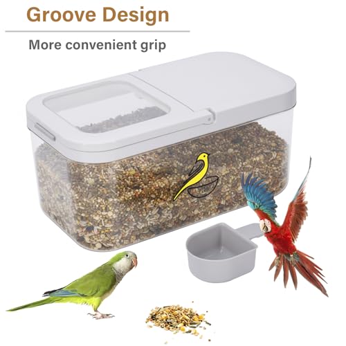 Bird Seed Storage Container, 5.4 Qt/6 L Pet Food Container with Measuring Cup & Stainless Steel Bird Feeder Bowl, Airtight Wild Birds Seed Dispenser, Plastic BPA Free, Clear