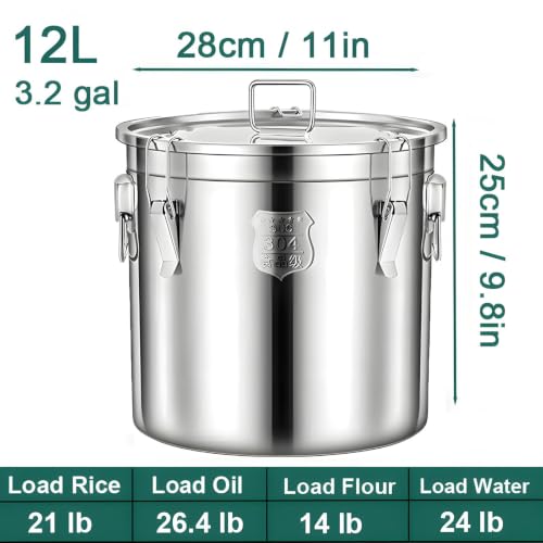 3.2Gal 304 Stainless Steel Kitchen Airtight Canister, 405oz Flour Container with Lid and Locking Clamp,10-21Lbs Metal Bucket Food Storage Container for Rice Flour Grain Coffee Bean(12L) - size: Standard 12L/3.1gal