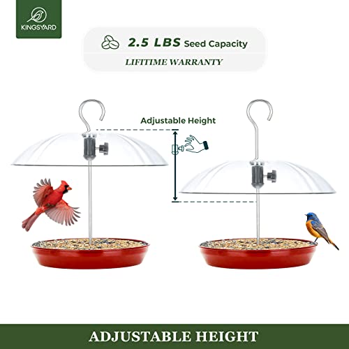 Kingsyard Platform Bird Feeder with Adjustable Dome for Outdoors Hanging | Metal Tray, Adjustable Dome, Adjustable Bird Access, Rain-Resistant, Drainage Holes, Seed & Mealworm Feeder, Red