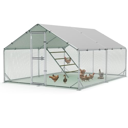 Large Metal Chicken Coop, Outdoor Chicken Run with Cover, 10x13x6.5 FT | Heavy-Duty Poultry Enclosure & Chicken Pen with Split Doors, Galvanized Steel Frame, Free Wire Mesh Fence and Roosting Ladder - size: 118.1"L x 78.7"W x 157.5"H