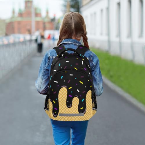 Kids Black Ice Cream Backpack for Boys Girls School Bags | Elementary Middle, Travel Daypack Lightweight Waterproof with Reflective Strip - color: Black Ice Cream