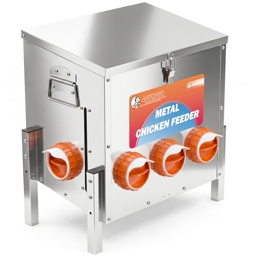 55LBS Automatic Chicken Feeder No Waste 5 Ports Metal Poultry Feeder with Adjustable Legs Perspective Window Latch & Handle for Chickens Bantams Pheasants - size: 5 Ports - 55 LBS