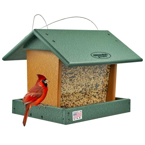 DutchCrafters Poly Hanging Hopper Bird Feeder, Large Hanging Bird Feeder for Outside, Outdoors - Amish American Made (Turf Green & Cedar) - color: Turf Green & Cedar, style: Hanging