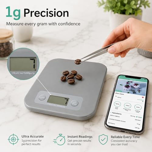 URAMAZ Smart Food Scale with Nutritional Calculator, Digital Kitchen Scale with Bluetooth App for Weight Loss, Food Weight Scale for Diet, Keto, Macro, Calories Counting, Tracking, 11lb - color: Grey