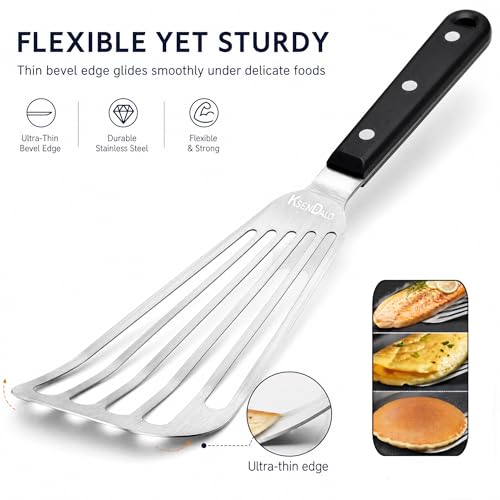 2 Pack Flexible Fish Spatula Stainless Steel for Kitchen | Egg Turner Flipper, Thin Edged Slotted Angled Blade, 1 Hollow Steel Handle & 1 POM Plastic Handle