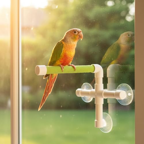 Hypeety Portable Suction Cup Bird Window and Shower Perch Toy Parrot Stand | 3 strong suction cups, parrot bath perch with quartz sand surface, fits windows/tile, for parakeets/budgies/cockatiels, green