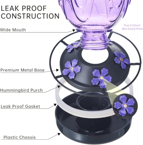 2 Pack Glass Hummingbird Feeder for Outdoors Hanging, 24Ozs Humming Bird Nectar Feeder w/Perch, 5 Flower Feeding Ports, Leak Proof Base and Hook for Outside Garden Backyard Decor, Purple - color: Purple-2