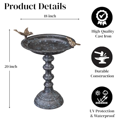 Evergreen Garden Hummingbird Bird Baths for Outdoors Heavy Duty | Metal Bird Bath Bowl with Stand | Ground Standing Bird Bath and Feeder for Garden Yard Deck - size: 20"H Brass Bird