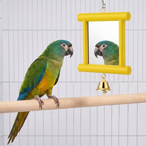 Chicken Mirror Toys with Bell for Coop Enrichment, 4 x4 Inch Hanging Swing Mirror Wooden Pecking Toy for Hens Birds Parrots(Yellow) - color: Yellow