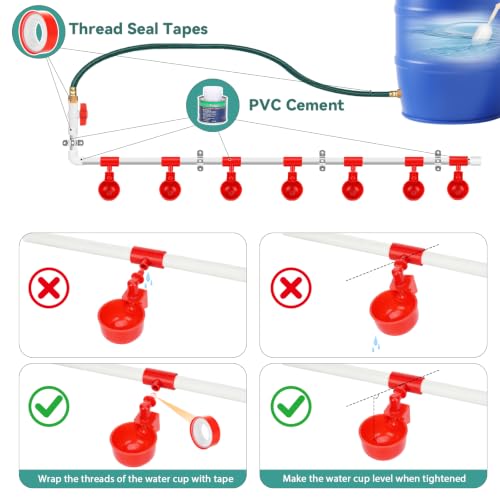 Complete Set Pipeline Automatic Chicken Waterer System, Pipe Chicken Waterer with Water Cups Removable and Washable, Poultry Watering System for Chick Duck Quail (Red, 10 Cup)