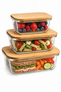 3-Pack Airtight Glass Food Storage Containers with Bamboo Lids | High borosilicate stackable meal prep containers for leftovers. Microwave and dishwasher safe kitchen organization.