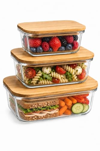 3-Pack Airtight Glass Food Storage Containers with Bamboo Lids | High borosilicate stackable meal prep containers for leftovers. Microwave and dishwasher safe kitchen organization.