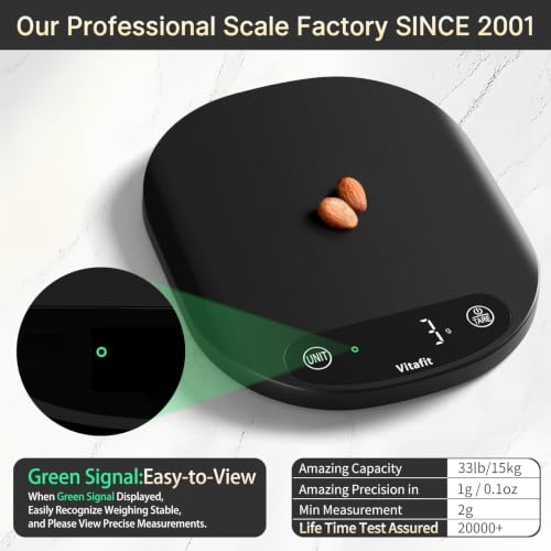 Vitafit 33lb/15kg Digital Food Scale in High Precision 0.1oz/1g, Our Own Kitchen Scale Professional Factory Since 2001, Home and Kitchen Essentials for Cooking and Baking, LED, 3*AAA Batteries, Black - color: Black