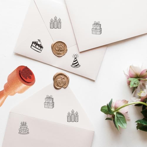 AHANDMAKER 5 Styles Mini Birthday Party Wooden Rubber Stamp, Small Cake/Gift/Party Hat/Candle Patterns Stamps for DIY Making Scrapbooking Card Stamping Pottery Clay Crafting - style: Birthday Party