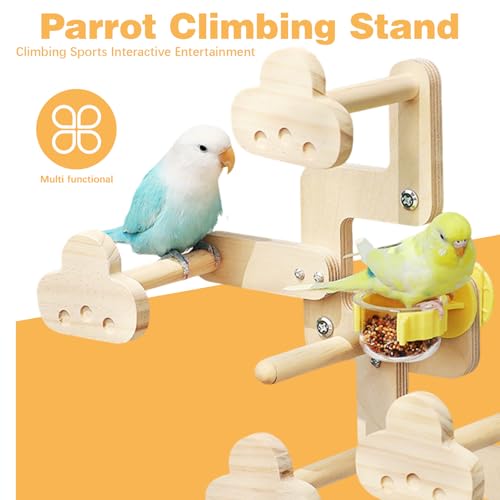 Natural Wood Perch Stand with Feeding Cups(PVC Bowl) | Parrots Play Gym,Birds Perch Stand,feeder - color: wood