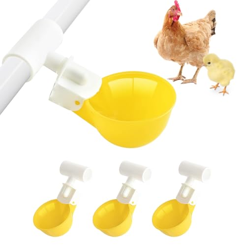 Chicken Water Cups with PVC Tee Fittings for 1/2" Pipe, Automatic Chicken Watering System, Anti-Leak, Holds 50% More Water, Suitable for Chicks, Chicken, Duck, Quail, Birds (Yellow, 4 PVC Cups) - size: 4 PVC Cups