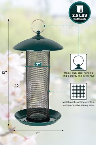 Gtongoko Finch Feeders for Outside All Metal Mesh Tube Bird Feeder Green | 2.5 LB Hanging Bird Feeder for Nyjer & Thistle Seed, Weather-Resistant Lid, Easy Refill & Cleaning, Closed Metal Ring - color: Green-0.24”