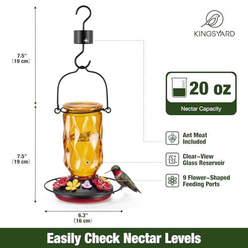 Kingsyard Glass Hummingbird Feeder for Outdoors Hanging, 20 oz Leak-Proof Wild Bird Nectar Feeders with 9 Bee Guard Ports & Ant Moat, Garden Yard Art Decor Gifts for Mom, Orange - color: Orange