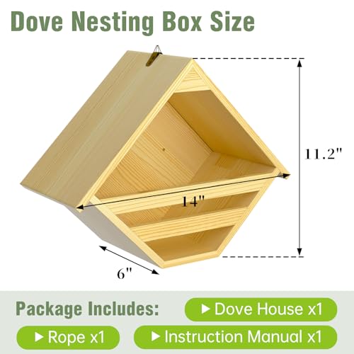 Nalwort Dove Nesting Box, Solid Wood Mourning Dove Nesting Box, Triangular Opening Birdhouses for Outdoors, Pigeon House with Hanging Rope, 11.2" H x 6" D x 14" W, Nesting Pad Not Included