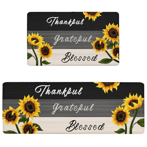 Sunflower Anti Fatigue Kitchen Rugs, 17.3"x47"+17.3"x29" | Non Slip Comfort Washable Waterproof Country Farmhouse Kitchen Decor Mat, Floor Rug Set of 2 for Home, Sink, Laundry - color: Sunflower