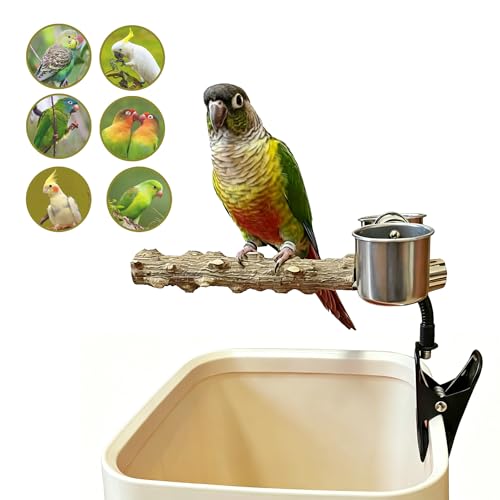 Bird Perch Stand with Clip, Adjustable & Portable Parrot Stand with Parrot Feeding Cups Bendable Training Perch for Cockatiels, Conures, Lovebirds ird cage Accessories - color: rough-cup