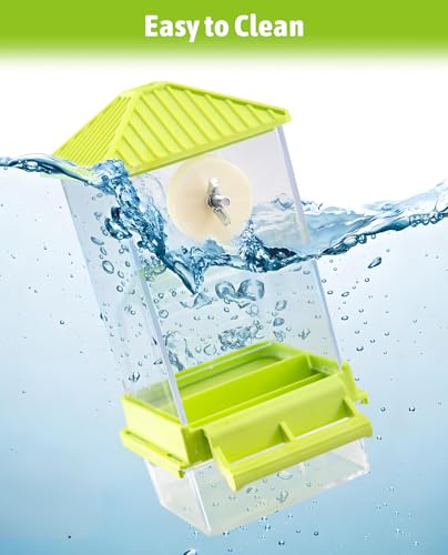 Hamiledyi Automatic Bird Feeder No Mess Bird Cage Feeder Seed Food Container with Perch Transparent Parrot Cage Accessories for Parakeets, Budgies, Cockatoos, Finches, Lovebirds, Canaries (Green) - color: Transparent Green + Perch