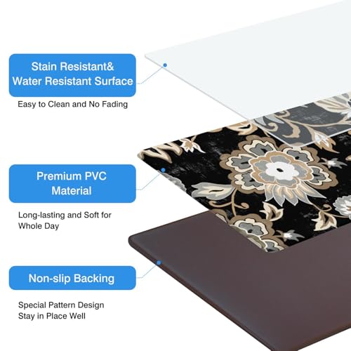 Boho Floral Anti Fatigue Kitchen Rugs, 17.3"x47"+17.3"x29" | Non Slip Comfort Washable Waterproof Black Paisley Farmhouse Bohemian Decor Mat for Floor, Set of 2 for Home, Sink, Laundry - color: Black Paisley Floral