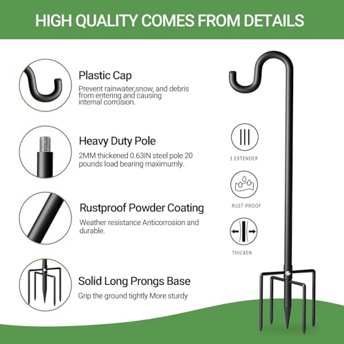 Shepherd Hook for Outdoor, Heavy Duty Bird Feeder Pole with 5 Prong Base, Adjustable Height Bird Feeder Stand Ideal for Hanging Bird Feeders, Plant, and Garden Decorations - size: 92 Inch