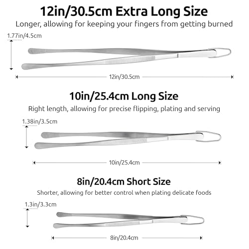600ºF Heat Resistant Silicone Turners: U-Taste 13.6in Long Solid & Slotted Kitchen Spatula Flipper (Red, 2PCS) and 8"+10"+12" Kitchen Cooking Tweezer: 18/8 Stainless Steel, Round Tip