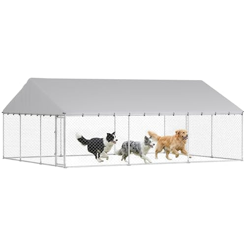 PawHut Outdoor Dog Kennel, 20' x 15' x 8', Waterproof Roof for Large Dogs | Heavy Duty Galvanized Chain Link Pet Enclosure, 2 Secure Lock for Chicken, Duck - size: 236.2"L x 177.2"W x 94.5"H