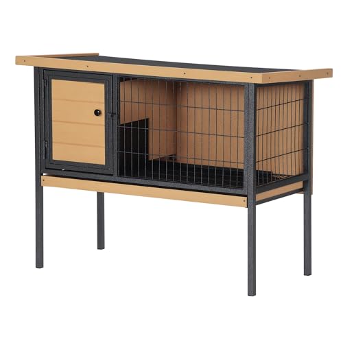 PawHut Rabbit Hutch Elevated Bunny Cage Metal Frame No Leak Tray Natural | Small Animal Habitat, Metal Wire Pan, Openable Water-Resistant Asphalt Roof, for Rabbits Chickens Ducks, Indoor/Outdoor - color: Natural Wood
