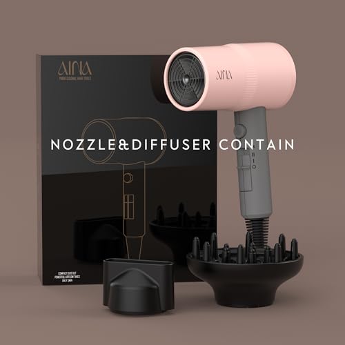 AINA Diffuser Hair Dryer Full-Featured Blow Dryer 110V/1600W(Misty Blush) | 3 Heat/2 Speed;Cold shut button;Lightweight;Compact Size;High Temp;Low Airflow;Same Results;Less Expense - color: Misty Blush, size: 3 Piece