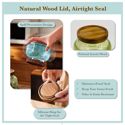Decorative Blue Embossed Glass Jar with Airtight Wooden Lid, 25.4 fl. oz | Wide mouth vintage storage canister, kitchen pantry bathroom organization, coffee sugar tea cookie candy candle vase gift - size: 25.4 Ounces, style: Blue Flower