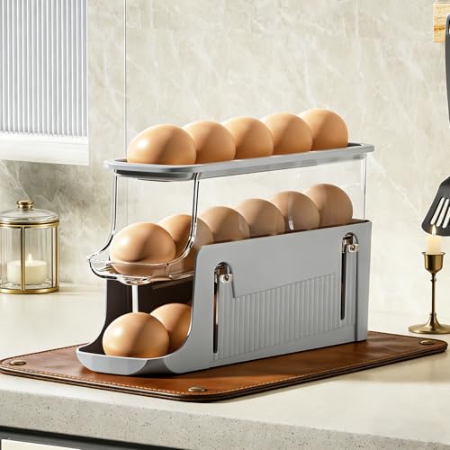 Printe Egg Holder for Fridge, Rolling Egg Holder for Refrigerator, Automatic Egg Dispenser Organizer, Egg Storage Container Rack for Refrigerator Countertop, Space Saving Fridge Organizer （Grey） - color: Grey