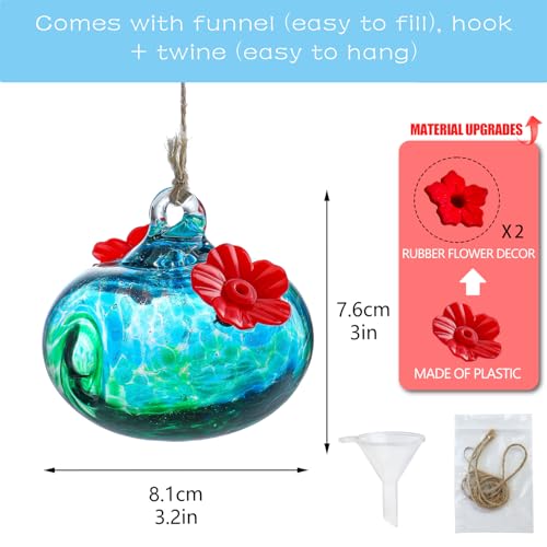 3in Blown Glass Hummingbird Feeders for Outdoors with 2 Feeding Ports | Attract Hummingbirds, Ant and Bee Resistant, Easy Hanging - color: B