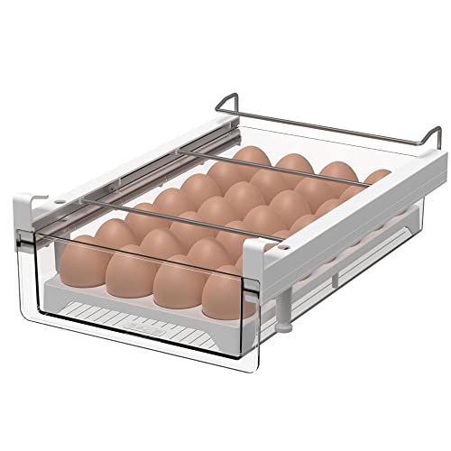 Fridge 28 Egg Drawer Pull Out,Clear Egg Holder Tray for Refrigerator With Handle, Refrigerator Organizer Bins Heavy Duty-L With Egg Tray