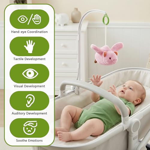 Baby Hanging Flying Bird Musical Toys for Stroller Car Seat Crib Play Gym | Ages 0-36 Months, Tummy Time, Sensory Music Toys, Plush with Clamp, Boys and Girls, Flapping Wings Bee/Birds Toy - color: Pink Pig