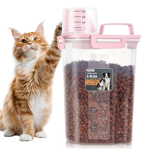 Dog Cat Food Storage Container with Cup (Pink, 2.5L) | Pet Food Pourable Container Airtight with Large Spout, BPA-Free Plastic Food Dispenser for Pet Food, Bird Seed, Rice, Flour - color: Pink, size: 2.5L