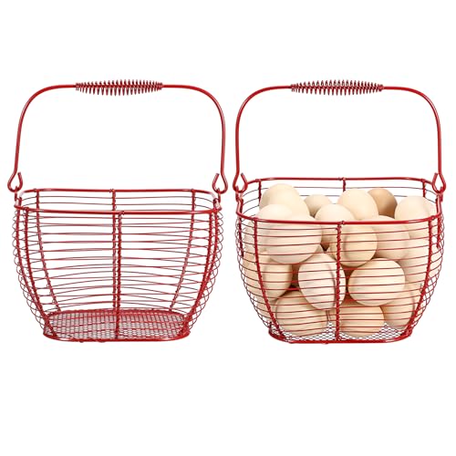 2 PCS 7" Red Wire Egg Baskets With Handle Kitchen Countertop Egg Holder | Small Metal Collecting Basket for Gathering Fresh Eggs, Chicken and Duck Eggs Hunting Basket & Counter Storage Basket - color: Red