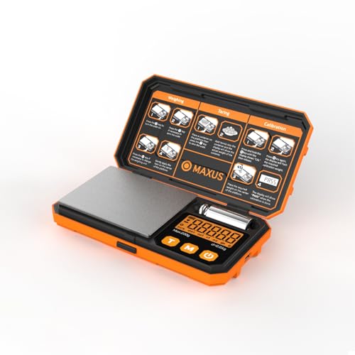 Pocket Scale, 200g x 0.01g, with 50g Calibration Weight and USB Cable | Digital Gram Scale, 6 Units, Backlit LCD, Stainless Steel Platform, Rubber Edges, for Jewelry, Coins, Powders, Food or Gems - color: Orange