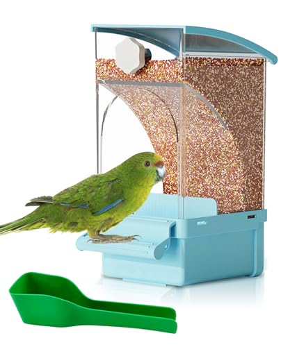 Hamiledyi Automatic Bird Feeder No Mess Bird Cage Feeder Transparent Acrylic Parrot Seed Food Container with Perch Cage Accessories for Parakeet Finch Lovebirds Budgies Canary (Blue) - color: Blue Transparent