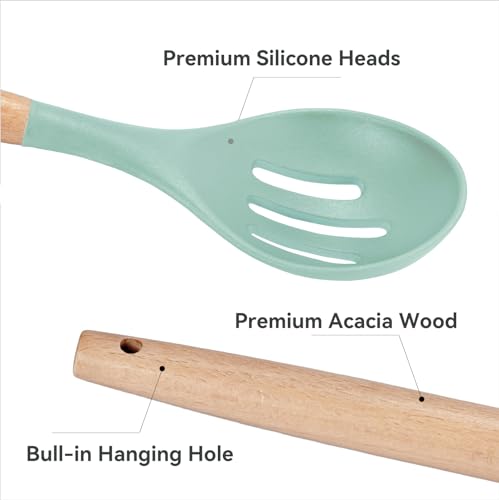 Kitchen Utensils Set, 5 Pcs Non-Stick Silicone Kitchen Cooking Utensils with Wooden Handle, Kitchen Spatula Cookware Utensils Set, Heat Resistant Silicone Kitchen Gadgets (Light Green) - color: 5 PCS Set Light Green
