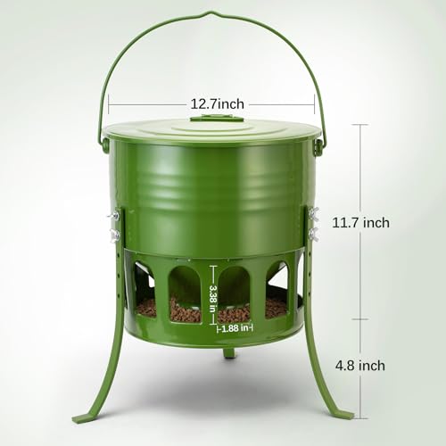 Tgeyd Metal Bucket Chicken Feeder, 20LB Large Capacity Poultry Feeder with 12 Feeding Ports & Dual-Cone No-Waste Design, Adjustable Height & Foldable for Storage, Rust-Proof for Chickens, Ducks, Quail | Organometallic coating