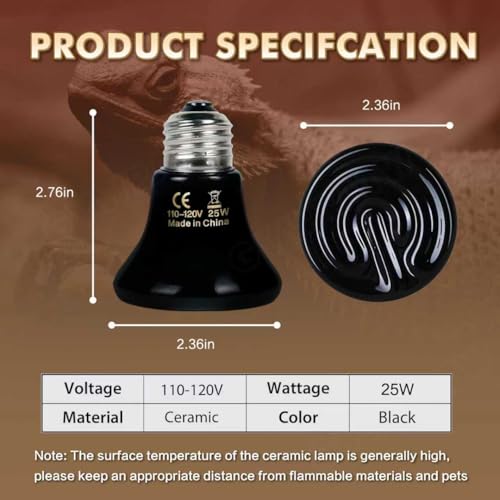 2-Pack Ceramic Heat Emitter Lamp 0.2inch(60mm)– 25W, Non-Light Emitting, 24/7 Safe Heat for Reptiles & Small Pets, E26 - color: 25 Watt, size: 60 mm