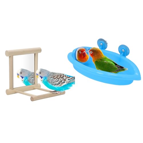 Wontee Bird Bath Parrot Bathing Tub Bird Mirror with Perch Toys for Budgies Parakeets Cockatiels Lovebirds Finches Canaries (Blue (B)) - color: Blue (B)