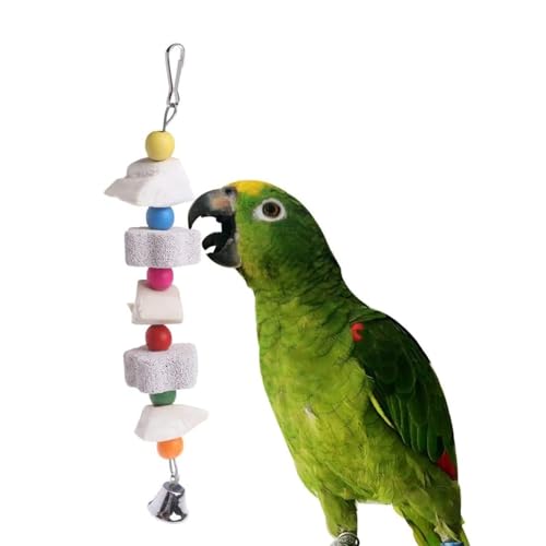 2Pcs Bird Beak Trim Cuttlebone Calcium Stone Lava Block Chew Toy Grinding Teeth Natural Minerals with Bell for Parakeet Conure Lovebird Cockatiel Finch Canary Hamster Chinchilla Rabbit